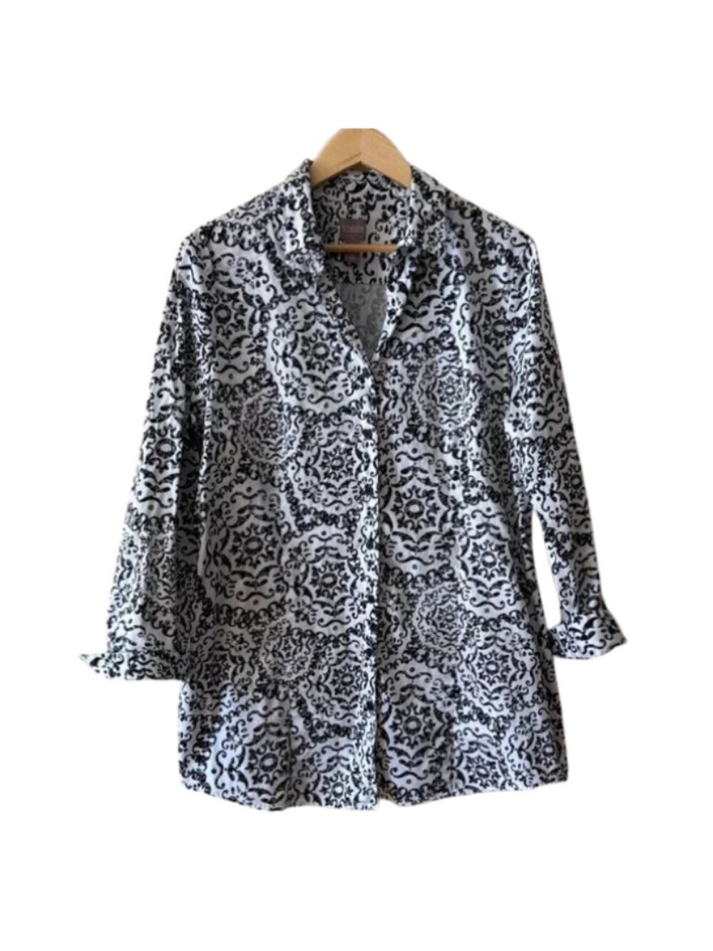 Chico’s Size 3 Black White Tunic Blouse Button Front Long Top